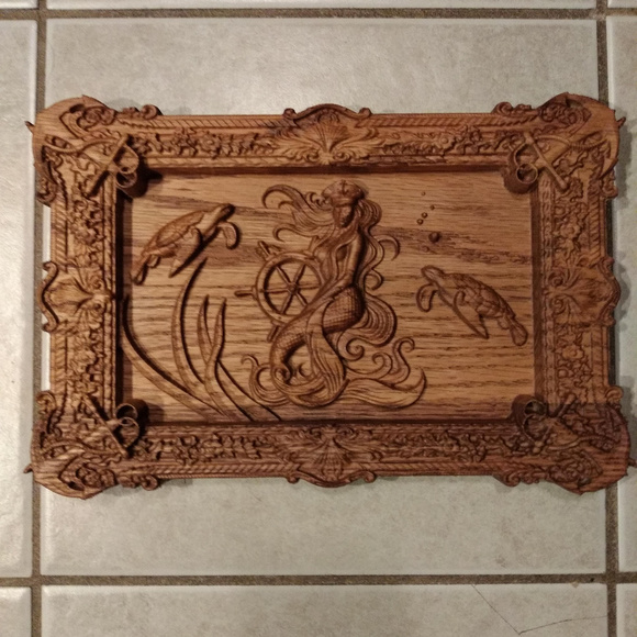 Mermaid w/ Sea turtles wood carving in OAK 12 x 8